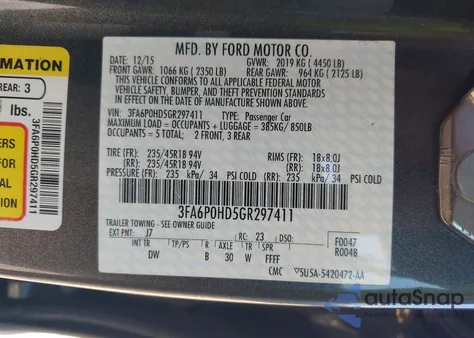 2016 Ford Fusion Se из США, поврежденный, VIN 3FA6P0HD5GR297411